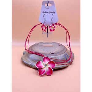 Plumeria Hawaii Flower Polymer Clay Earrings Pendant Necklace Jewelry Set, Red